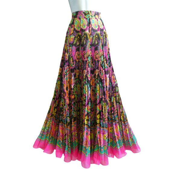 Vintage 70s Plisse Maxi Skirt Elissa of California Paisley Pink